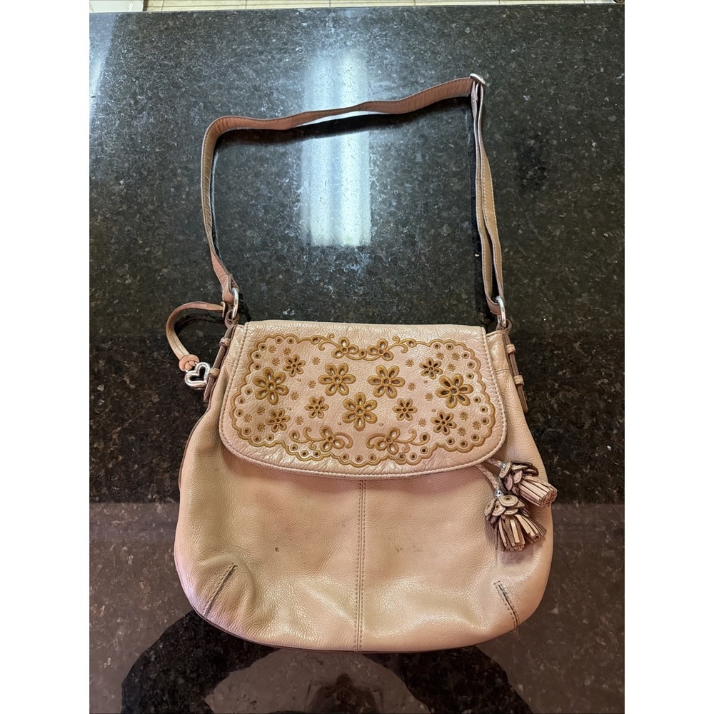 Brighton Stella Flowers Eyelet Flap Handbag Purse Tassel Shoulder Bag Tan Embroi